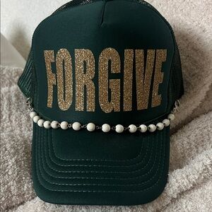 Green Cap with Gold Glitter Text and Pearl Detail